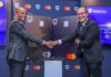 Head of Private and Personal Banking, Stanbic Bank Kenya, Abraham Ongenge (Left) and Senior Vice President and Country Manager for East Africa and Indian Ocean Islands, Mastercard, Shehryar Ali (Right) during the official launch of the Stanbic World and Stanbic World Elite Premium metallic cards in partnership with Mastercard.