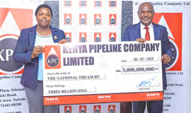 Kenya Pipeline Board Chair Faith Boinett hands over an interim dividends cheque for the half-year ended December to National Treasury CS John Mbadi at KPC headquarters, Nairobi /